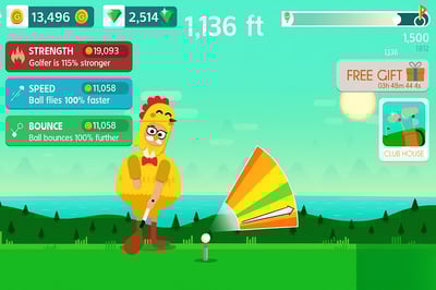 A chicken is swinging a golf club at a ball.
